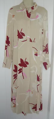 Marks & Spencer UK 14 Neutral Beige Floral Print Long Sleeve Midi Shirt Dress • £19.99