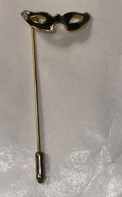 £11.60 • Buy Vintage Masquerade Ball Mask Stick Pin Rhinestone Black Gold Tone