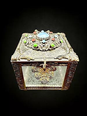 Vintage Austro Hungarian Brass Frost Glass Jeweled Cabochon Trinket Jewelry Box • $125