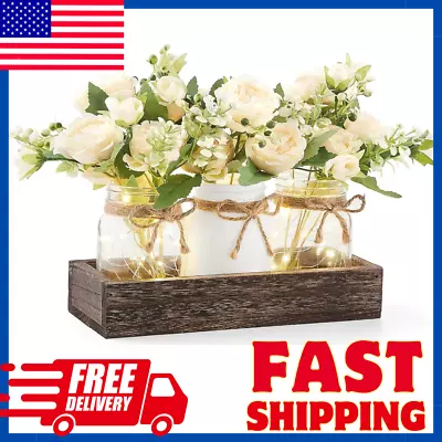 Jar Lights Table Centerpiece For Farmhouse Coffee Table Wood Tray With 3 Jars Fl • $44.90