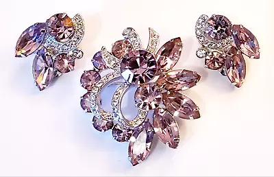 Gorgeous Dazzling Eisenberg Lilac Crystal Brooch Earrings Set Demi Parure Vtg • $168