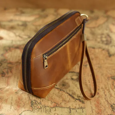 Men Genuine Leather Clutch Handbag Portable Electronic Accessories Storage Pouch • $32.99