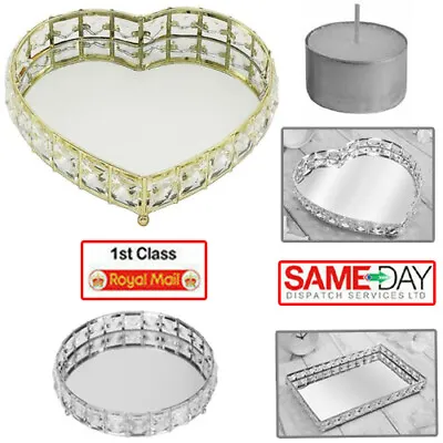 £14.99 • Buy Silver / Gold Mirror Diamante Candle Plate Tray Jewellery Ornament Tray Holder