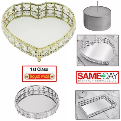 Silver / Gold Mirror Diamante Candle Plate Tray Jewellery Ornament Tray Holder • £19.89