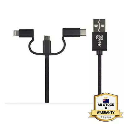 AeroCool 3in1 1m MFI Lightning/Micro USB/USB Type-C Data Sync BLK *AU STOCK* • $18.99