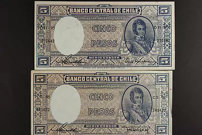 Chile 5 Pesos Year 1958 - 1959 Banknote World Paper Money ... Lot 2 Notes • $3.95