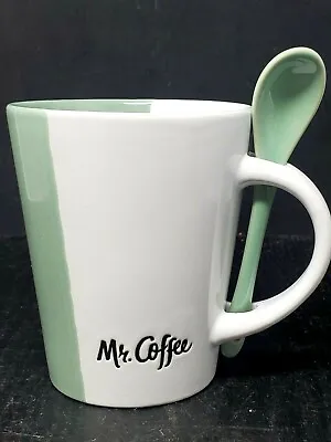 Mr Coffee Ceramic Coffee Cup Coffee Break 12 Oz Mug With Spoon Green & White • $9.04