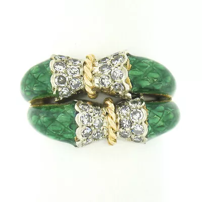 Vintage 18K Gold Old Cut Pave Diamond Green Enamel Textured Dual Row Band Ring • $1278.40