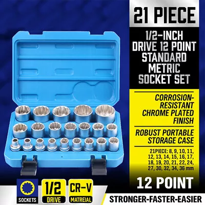21Pc 12-Point Socket Set 1/2-inch Drive Grip Sleeve Storage Case Metric 8mm-36mm • $47.79