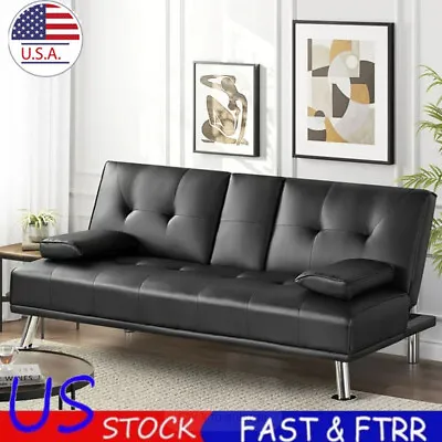 Modern Faux Leather Futon With Cupholders And Pillows Couch Sofa Bed Futon Black • $210