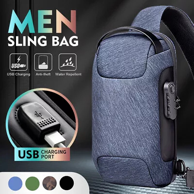 $27.98 • Buy Men's Anti-theft Crossbody Bag Sling Backpack Oxford Cloth Waterproof USB Port