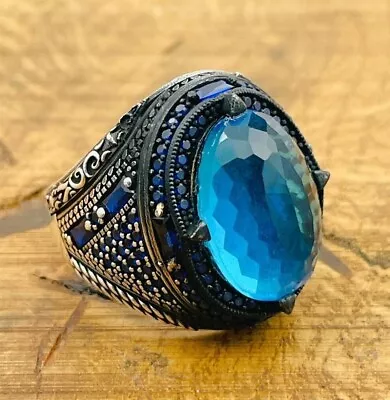 Mens Silver Ring Blue Topaz Sapphire Stone Oval Ring 925K Mens Jewelry • $72