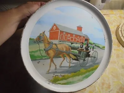 Vintage Pennsylvania Dutch Amish Barn Hex Signs Horse & Buggy Scenes Round Tin • $16.49