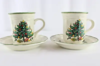 2 Sets Mikasa Festive Season Mugs Cups & Saucers Christmas Tree EB451 4pcs Vtg • $12