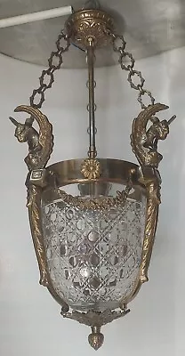 Vintage Hobnail Cut Glass Lion Mermaid Brass Hanging Pendant Lantern Light Lamp • $1750