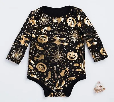 Kid Girl Boy Baby Witch Gold Pumpkin Cat Party Halloween Costume Romper Outfits  • $17.99