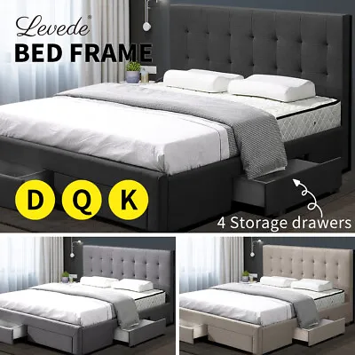 $379.99 • Buy Levede Bed Frame Double Queen King Fabric With Drawers Storage Wooden Mattress