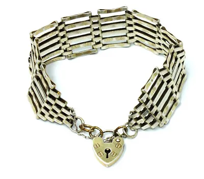 925 STERLING SILVER 6-Bar Gate Chain Heart Padlock Bracelet 8  21.32g - C57 • £12.99