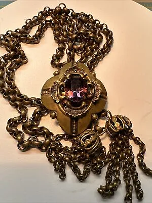 MIRIAM HASKELL Unsigned Necklace Amethyst Gold Tone Adjustable  CHAIN PENDANT • $165