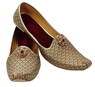 Mens Golden Jutti Ethnic Mojari Wedding Indian Flats Shoes US Size 7-12 Scales • £35.22