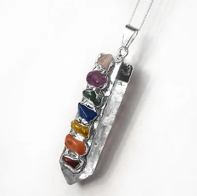 Quartz 7 Chakra Pendant FuNkY Crystal Point Sterling Silver Necklace CHARGED Rei • $14.98
