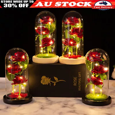 Three Rose In Glass Dome Eternal Flower LED Valentine's Day Wedding Decor Gift • $23.95