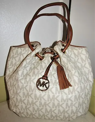 Michael Kors Ring Tote East West Vanilla / Brown Leather Shoulder Bag Guc • $60