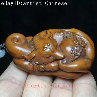 £22.20 • Buy L 6.8 CM Old Japanese Boxwood Hand Carved Lovely Fox Statue Animal Netsuke Gift
