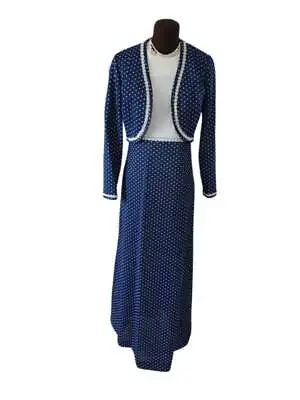 Vintage 1970's Maxi Dress Gown Bolero Blue W White Polka Dots Vicky Vaughn XS-S • $40