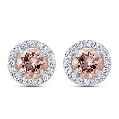 10K White Gold Halo Stud Earrings Round Simulated Morganite & Real Diamond • $229.99