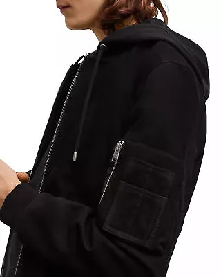 Men's Black Suede Bomber Jacket Real Sheepskin Stylish Detachable Hooded Jacket • $149.99