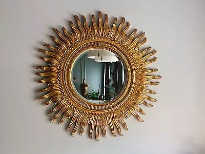 Extra Large Vintage Golden Sunburst Plaster Wall Mirror 42  | Hollywood Regency • $1350