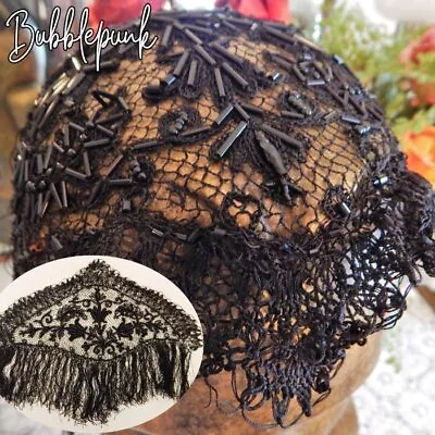 Superb Antique Handcrafted Black Glass Bugle Bead Net Lace Fringed Mourning Cap • $175