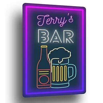 £5.99 • Buy Personalised Bar Sign Neon Style METAL Retro Pub Wall Door Man Cave Beer Plaque