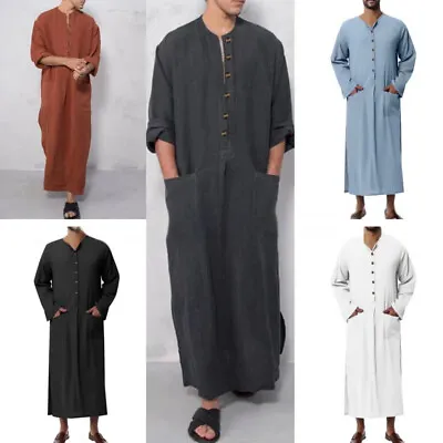 Men's Islamic Thobe T Shirt Dress Ramadan Jubba Kaftan Dishdash Arab Robe Plain • £12.98