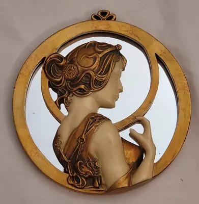 Vtg Art Nouveau Lady With Hat Mucha Ivorytone & Goldtone Round Mirror Plaque • £94.98