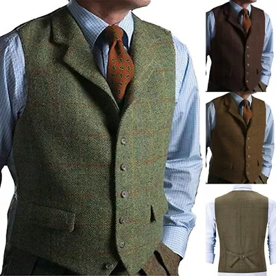 Mens Tweed Waistcoat Vest Vintage Formal Herringbone Wedding 42 44 46 48 50 52 • £23.98