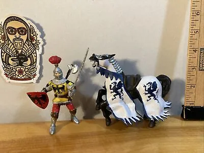 2002 Papo Red-Yellow Armor KNIGHT W/ SHIELD & 2006 HORSE Fantasy Medieval Figure • $10