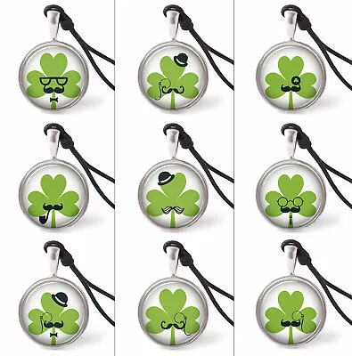 St Patricks Day Mustached Shamrock Necklace Pendants Pewter Silver Jewelry JNP • $9.99