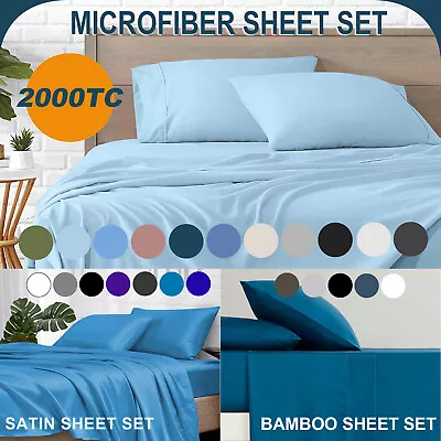 2000TC 4 Piece Bed Sheet Set Microfiber/Bamboo/Satin Flat Fitted Pilliowcase Set • $11.57