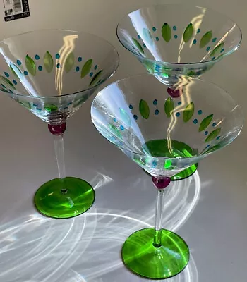 Giant Martini / Margarita Glasses Etched Green Blue Purple And Clear - 3 • $64.95