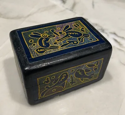 Small Vintage Mexican Folk Art Black Wooden Trinket Jewelry Box 2 1/8  By 1 7/8  • $9.50