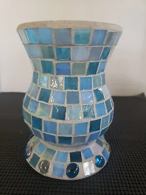 Vintage Candle Holder Blue Glass Mosaic Tile Vase Hurricane • $12.90
