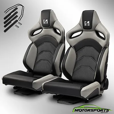$420.98 • Buy Universal Reclinable PVC Racing Seats Car Seat Full Set W/Sliders Black-Grey
