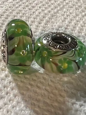 $37.50 • Buy Authentic Pandora, Green And Yellow Floral Murano Glass Charm, 925 Silver
