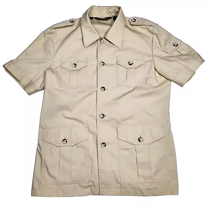 Vintage Safari Shirt Large Canvas Khaki Twill 70s Hunting Utility Button Down • $38.88