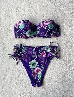 Victoria's Secret Strapless Purple Floral Strappy Swimsuit Bikini Set Large • $20