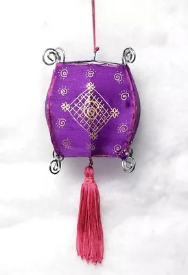 Vintage Purple Cloth Lantern Ornament Metal Frame Pink Tassel And Hanging Cord • $6.99