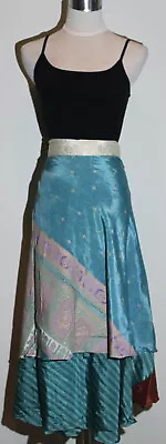 Long Vintage Silk Sari Hippie Boho Reversible Magic Wrap Skirt • $29.99