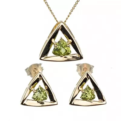 9ct Gold Peridot Set Pendant Earrings Trillion Hallmarked UK Design Handmade • £269.95